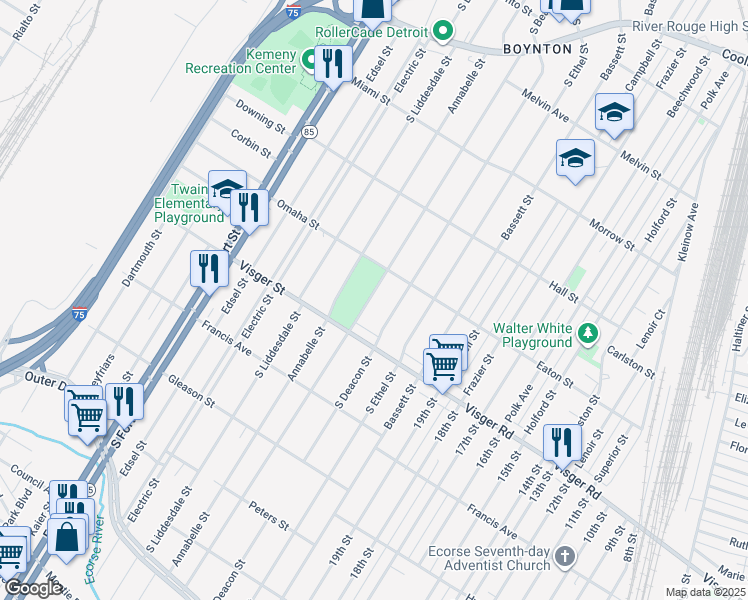 map of restaurants, bars, coffee shops, grocery stores, and more near 2665 South Beatrice Street in Detroit