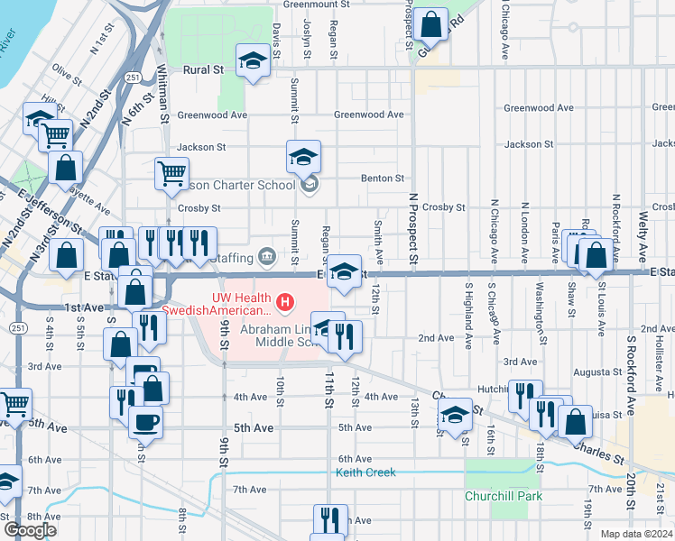 map of restaurants, bars, coffee shops, grocery stores, and more near 1510 East State Street in Rockford