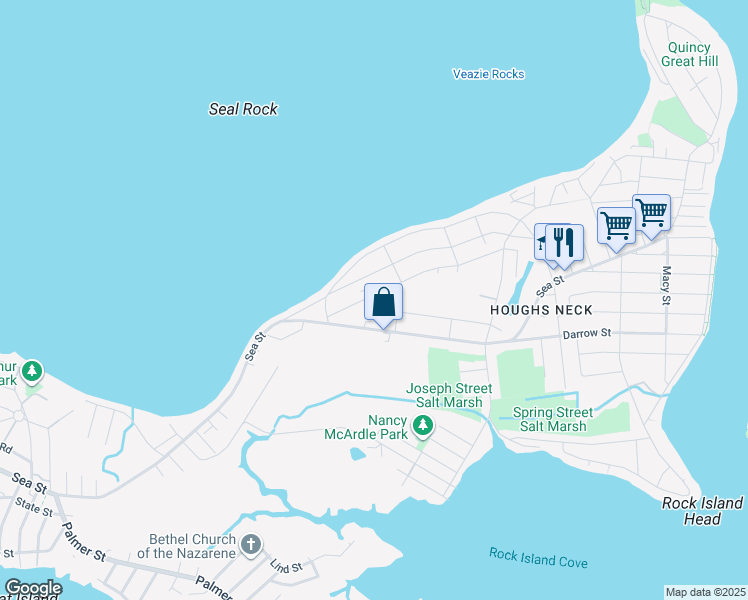 map of restaurants, bars, coffee shops, grocery stores, and more near 45 Stoughton Street in Quincy
