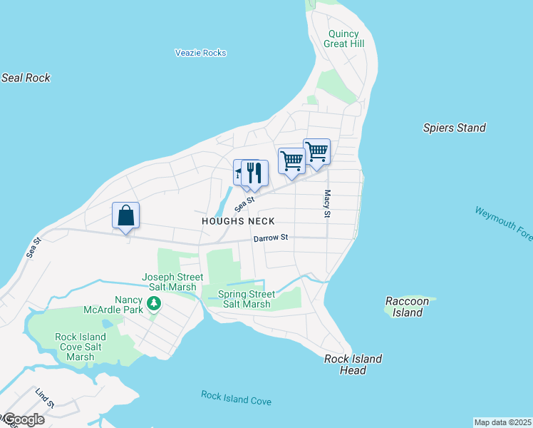 map of restaurants, bars, coffee shops, grocery stores, and more near 23 Charles Street in Quincy