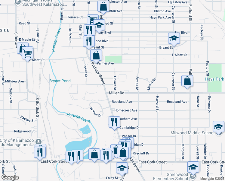 map of restaurants, bars, coffee shops, grocery stores, and more near 825 Miller Road in Kalamazoo