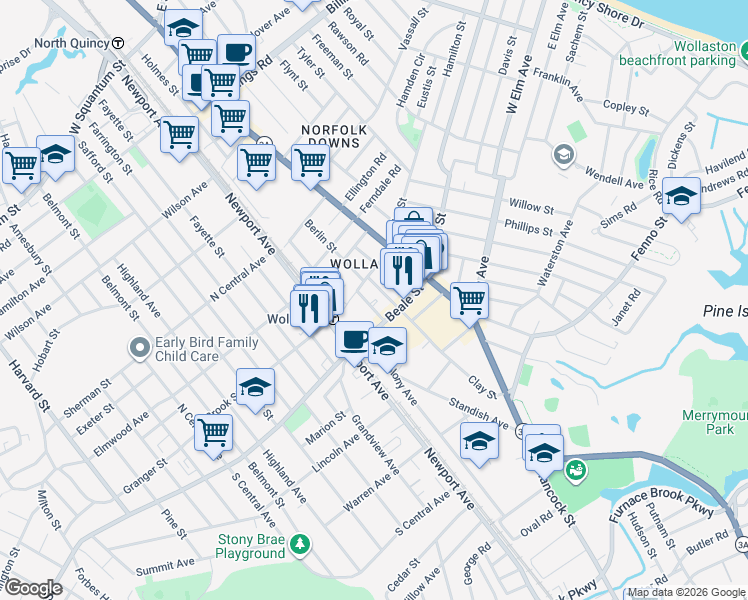 map of restaurants, bars, coffee shops, grocery stores, and more near in Quincy