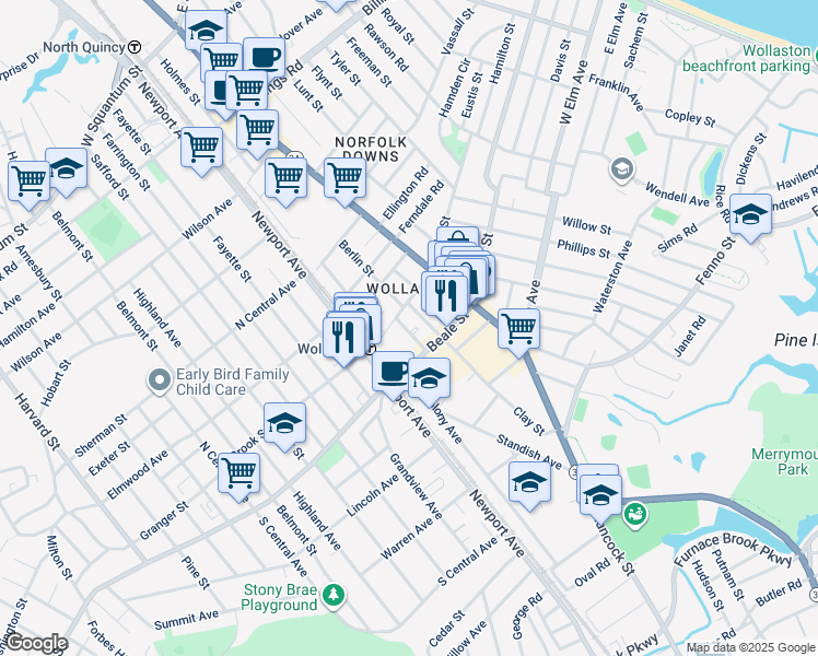 map of restaurants, bars, coffee shops, grocery stores, and more near 63-95A Beale Street in Quincy
