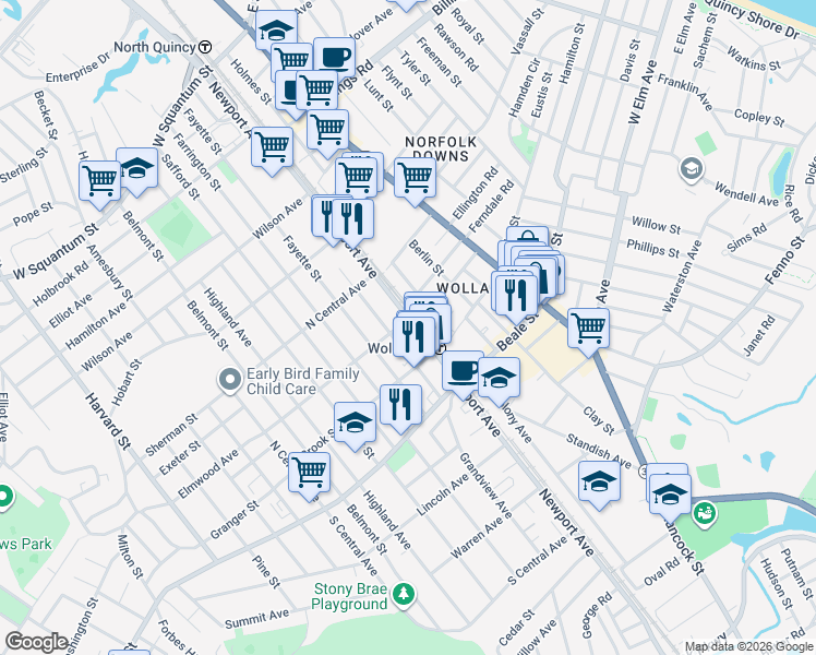 map of restaurants, bars, coffee shops, grocery stores, and more near 210 Arlington Street in Quincy