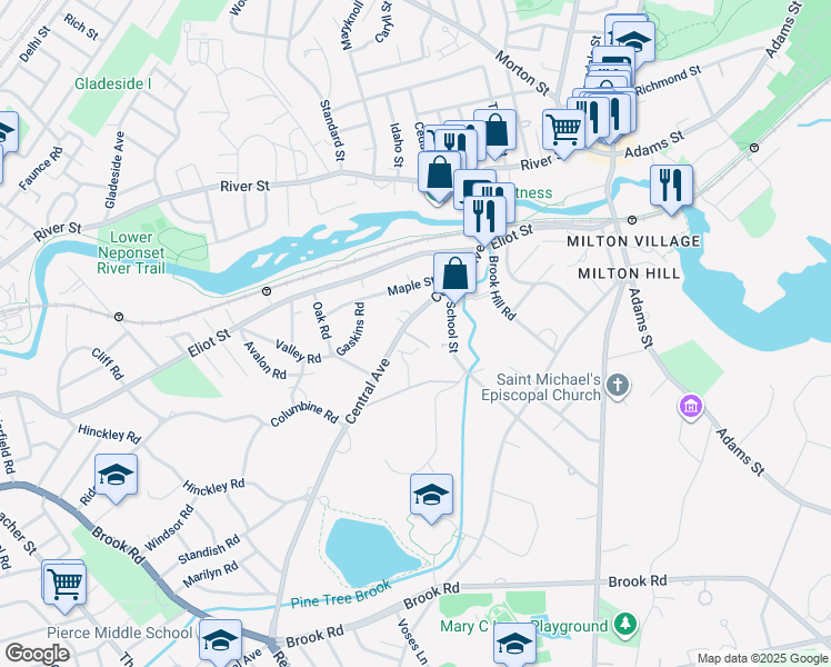 map of restaurants, bars, coffee shops, grocery stores, and more near 116 Central Avenue in Milton