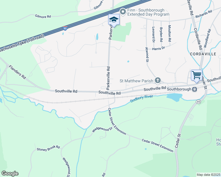map of restaurants, bars, coffee shops, grocery stores, and more near 258 Parkerville Road in Southborough