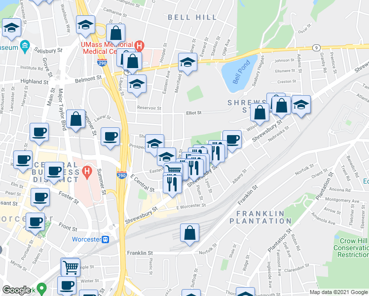 map of restaurants, bars, coffee shops, grocery stores, and more near 75 Gage Street in Worcester