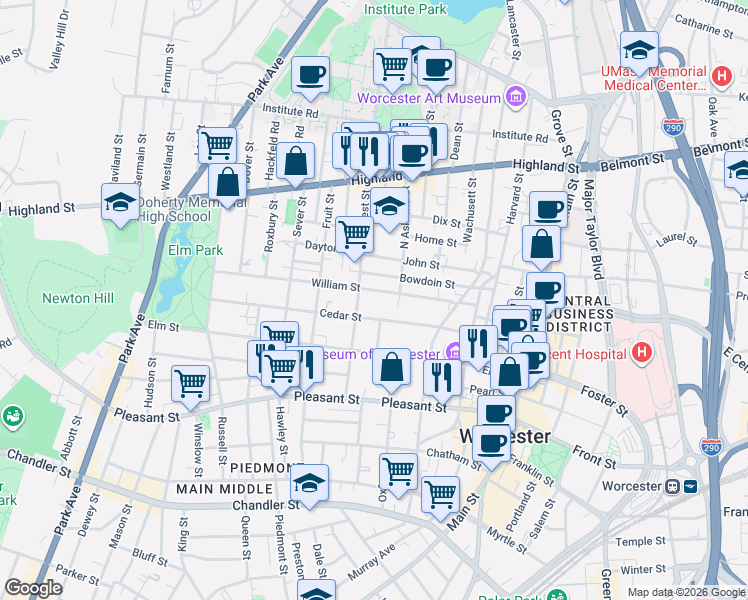 map of restaurants, bars, coffee shops, grocery stores, and more near 42 William Street in Worcester