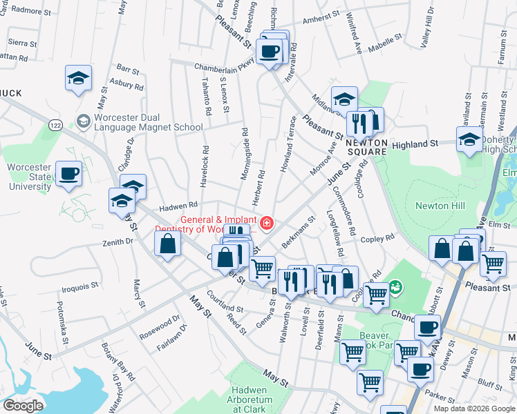 map of restaurants, bars, coffee shops, grocery stores, and more near 2 Herbert Road in Worcester