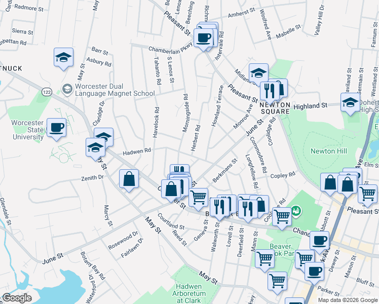 map of restaurants, bars, coffee shops, grocery stores, and more near 2 Herbert Road in Worcester