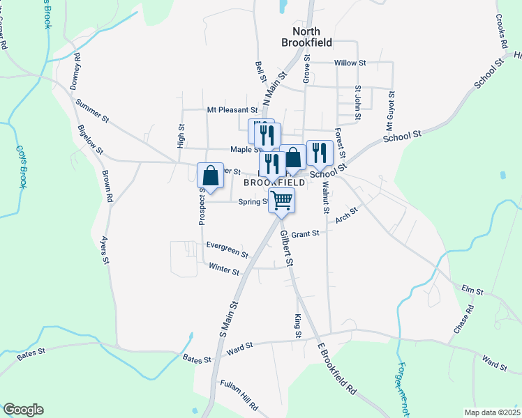 map of restaurants, bars, coffee shops, grocery stores, and more near 125 Massachusetts 67 in North Brookfield