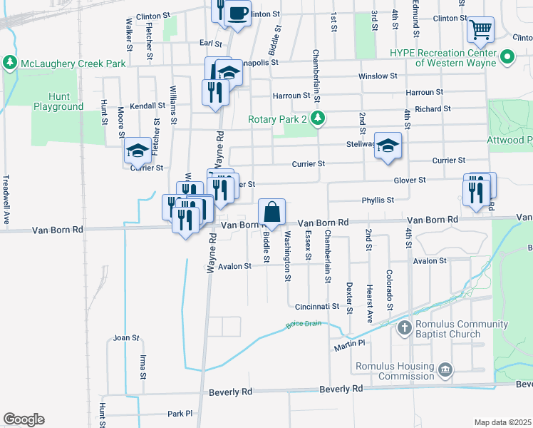 map of restaurants, bars, coffee shops, grocery stores, and more near 35403 Phyllis Street in Wayne