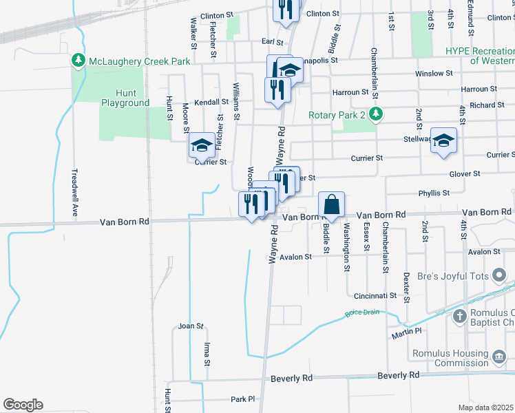 map of restaurants, bars, coffee shops, grocery stores, and more near 5750 South Wayne Road in Wayne