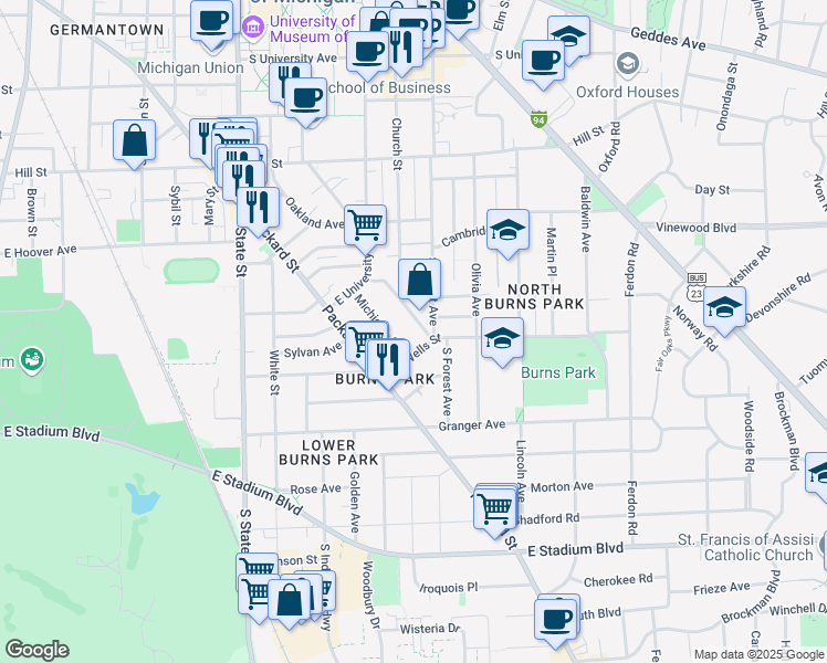 map of restaurants, bars, coffee shops, grocery stores, and more near 1129 Michigan Avenue in Ann Arbor