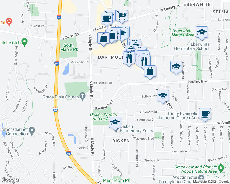map of restaurants, bars, coffee shops, grocery stores, and more near in Ann Arbor