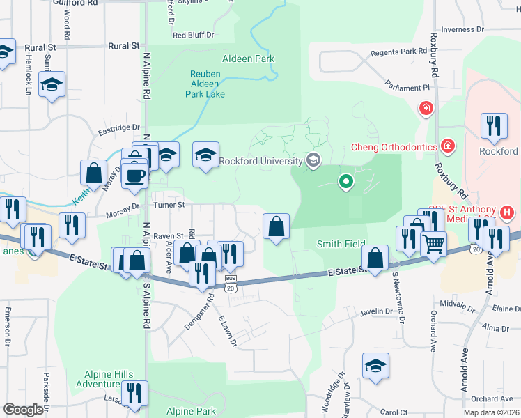 map of restaurants, bars, coffee shops, grocery stores, and more near 4884 Flintridge Court in Rockford
