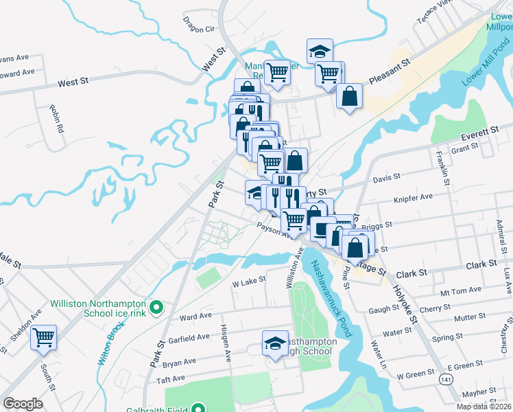 map of restaurants, bars, coffee shops, grocery stores, and more near 30 Center Street in Easthampton