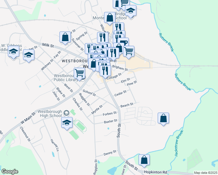 map of restaurants, bars, coffee shops, grocery stores, and more near 60 South Street in Westborough