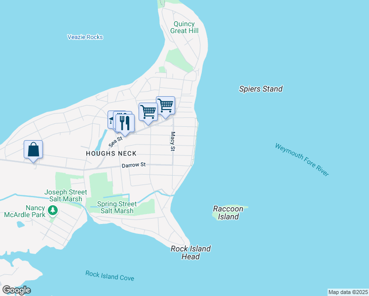 map of restaurants, bars, coffee shops, grocery stores, and more near 125 Charles Street in Quincy