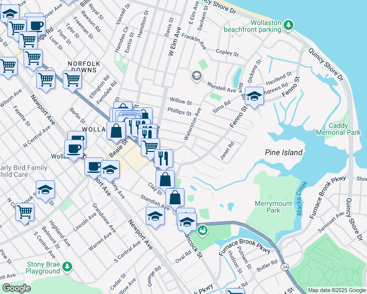map of restaurants, bars, coffee shops, grocery stores, and more near 35A Waterston Avenue in Quincy