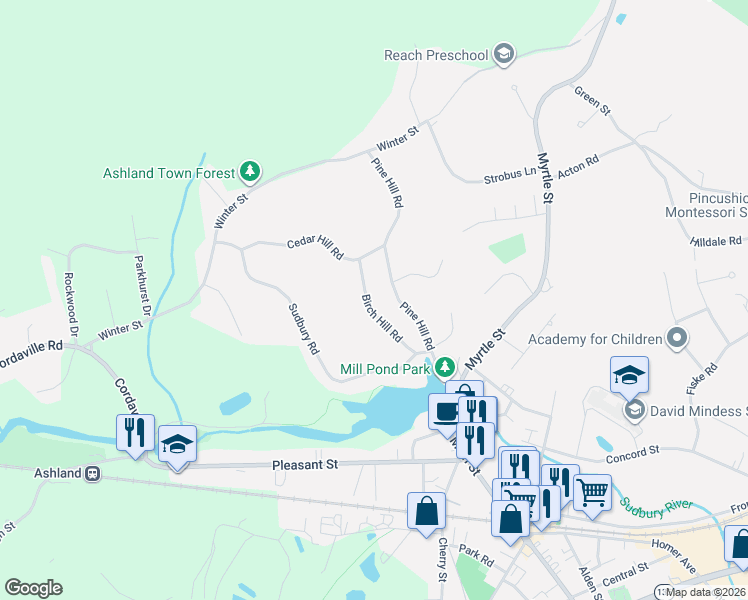 map of restaurants, bars, coffee shops, grocery stores, and more near 29 Birch Hill Road in Ashland