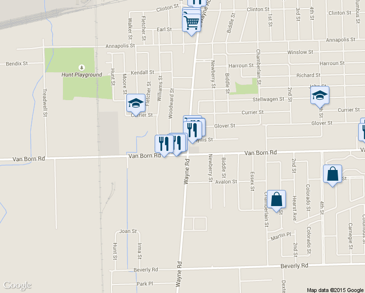 map of restaurants, bars, coffee shops, grocery stores, and more near 5750 South Wayne Road in Wayne