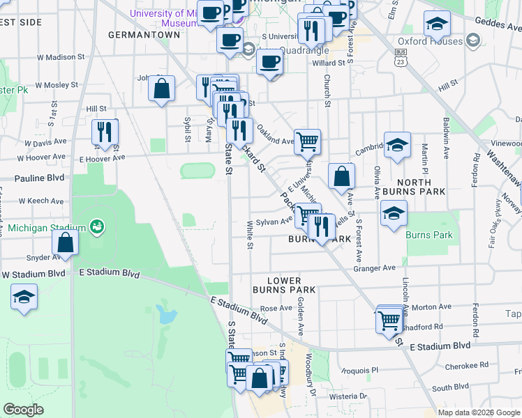 map of restaurants, bars, coffee shops, grocery stores, and more near 815 Brookwood Place in Ann Arbor