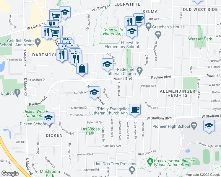 map of restaurants, bars, coffee shops, grocery stores, and more near 1131 Kay Parkway in Ann Arbor