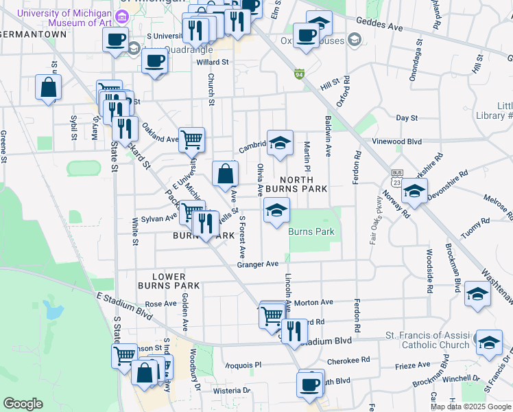 map of restaurants, bars, coffee shops, grocery stores, and more near 1130 Olivia Avenue in Ann Arbor