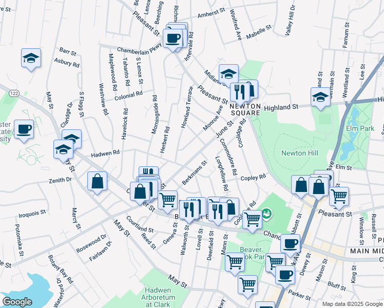 map of restaurants, bars, coffee shops, grocery stores, and more near 61 June Street in Worcester