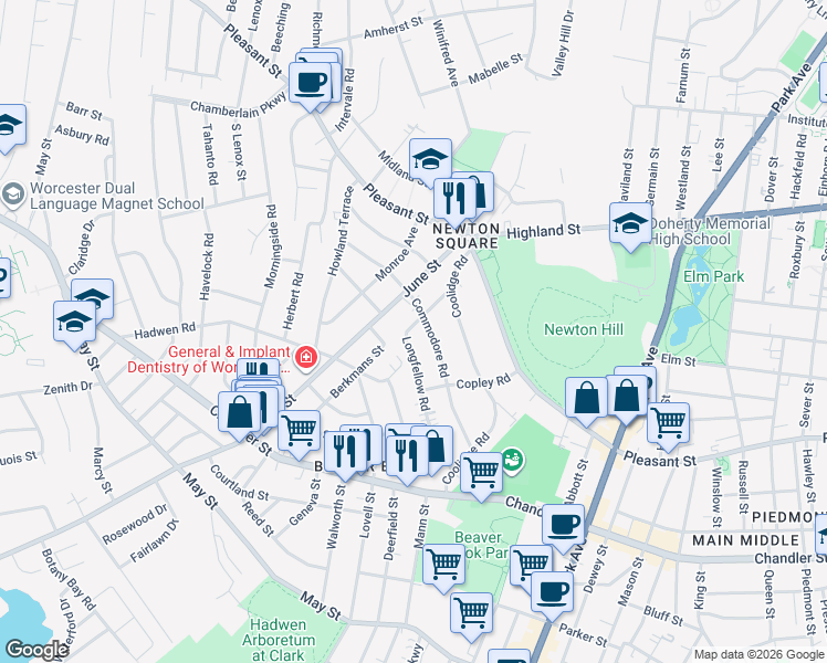 map of restaurants, bars, coffee shops, grocery stores, and more near 98 Longfellow Road in Worcester