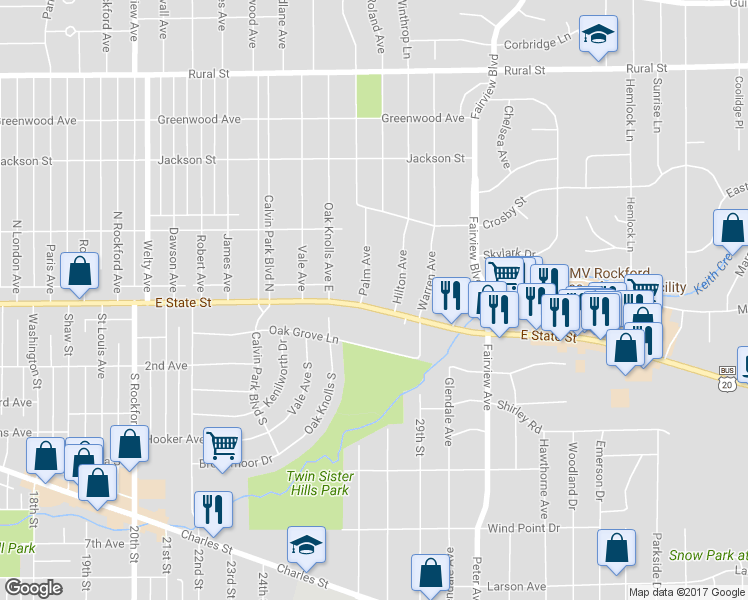 map of restaurants, bars, coffee shops, grocery stores, and more near 3100 East State Street in Rockford