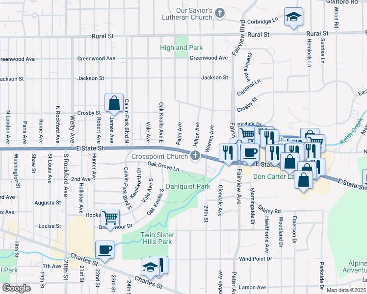 map of restaurants, bars, coffee shops, grocery stores, and more near 3100 East State Street in Rockford