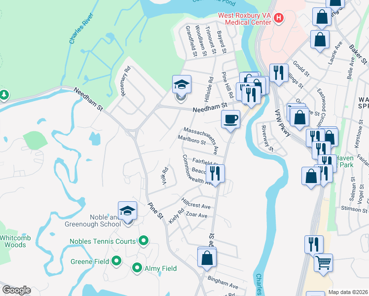 map of restaurants, bars, coffee shops, grocery stores, and more near 16 Commonwealth Avenue in Dedham