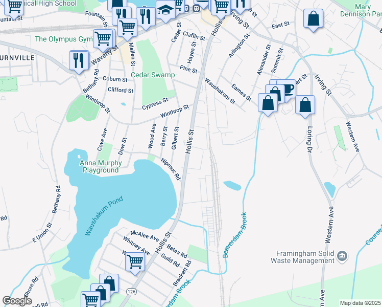 map of restaurants, bars, coffee shops, grocery stores, and more near 402 Hollis Street in Framingham