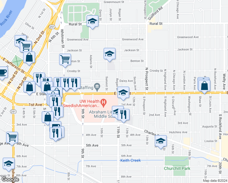 map of restaurants, bars, coffee shops, grocery stores, and more near 1420 East State Street in Rockford