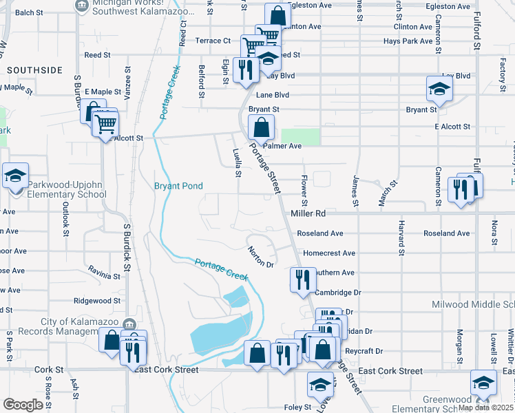 map of restaurants, bars, coffee shops, grocery stores, and more near 2300 Portage Street in Kalamazoo