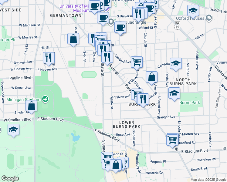 map of restaurants, bars, coffee shops, grocery stores, and more near 1211 White Street in Ann Arbor