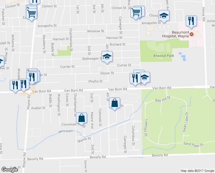 map of restaurants, bars, coffee shops, grocery stores, and more near 34430 Van Born Rd in Wayne