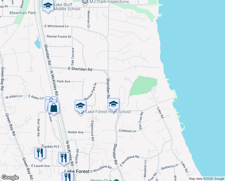 map of restaurants, bars, coffee shops, grocery stores, and more near 1515 North Sheridan Road in Lake Forest
