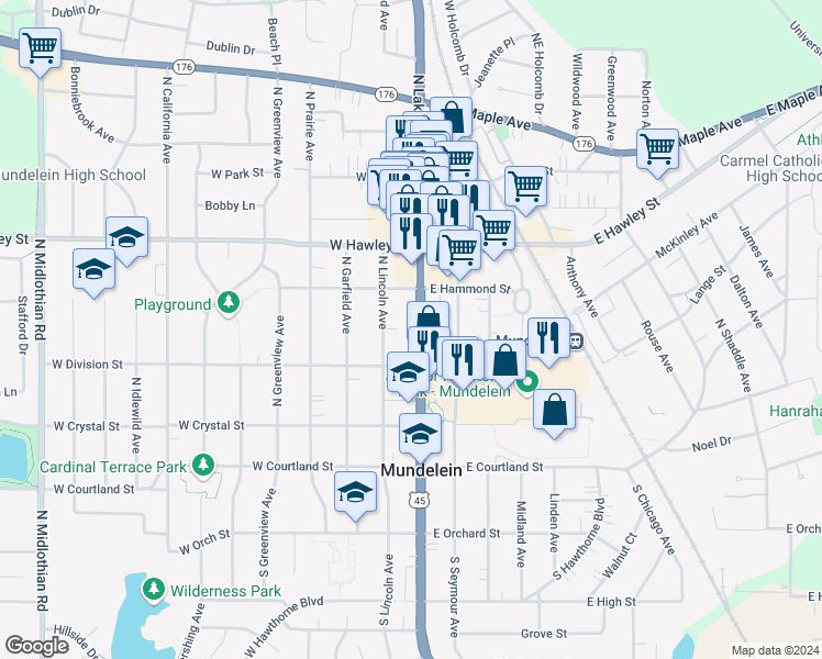 map of restaurants, bars, coffee shops, grocery stores, and more near 240 North Lake Street in Mundelein