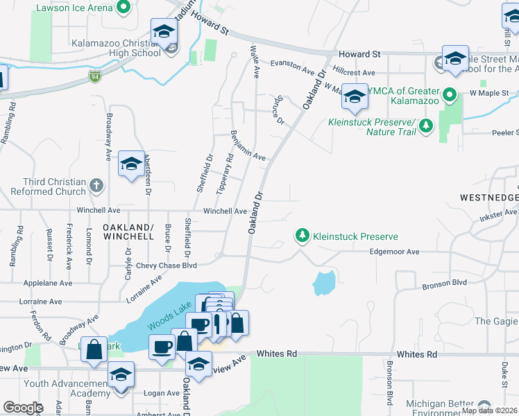 map of restaurants, bars, coffee shops, grocery stores, and more near 2337 Oakland Drive in Kalamazoo
