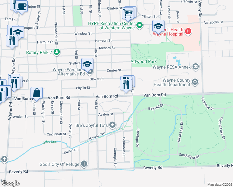 map of restaurants, bars, coffee shops, grocery stores, and more near 5750 Southridge Drive in Wayne