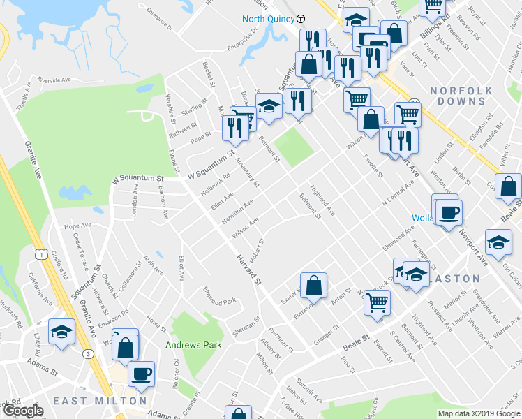 map of restaurants, bars, coffee shops, grocery stores, and more near 193 Wilson Avenue in Quincy