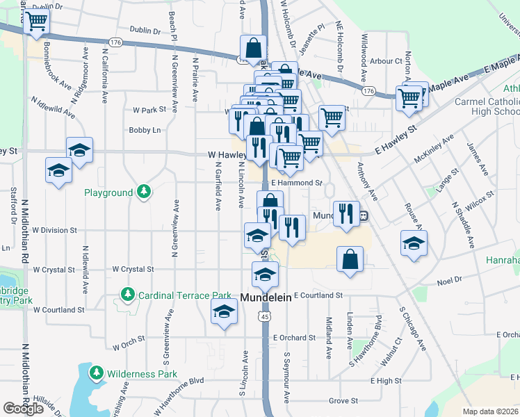 map of restaurants, bars, coffee shops, grocery stores, and more near 240 North Lake Street in Mundelein