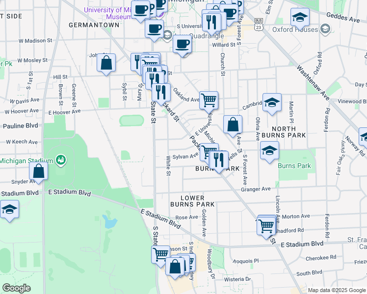 map of restaurants, bars, coffee shops, grocery stores, and more near 840 Brookwood Place in Ann Arbor