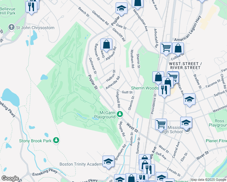 map of restaurants, bars, coffee shops, grocery stores, and more near 54 Goff Street in Boston