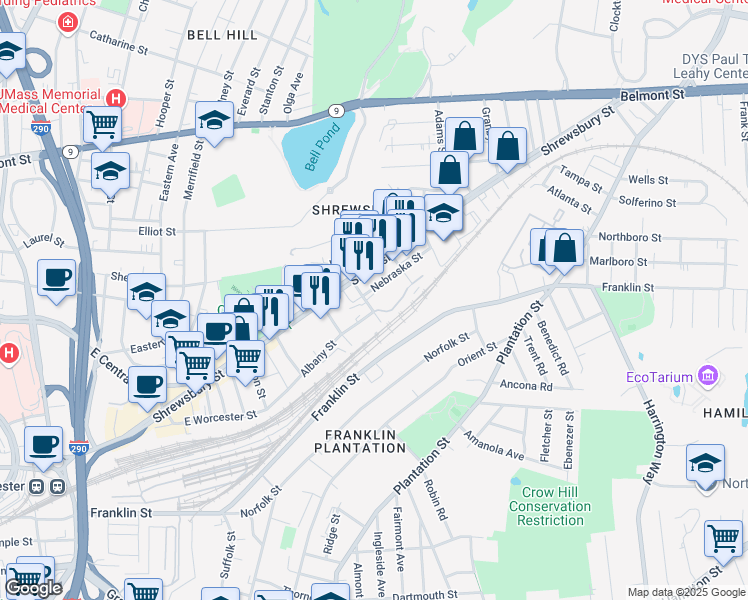 map of restaurants, bars, coffee shops, grocery stores, and more near 9 Muskeego Street in Worcester