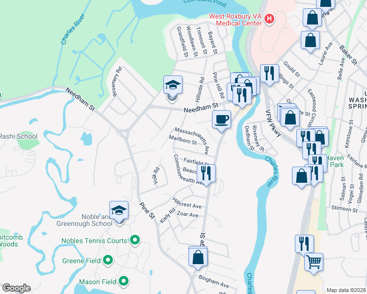 map of restaurants, bars, coffee shops, grocery stores, and more near 63 Riverview Street in Dedham