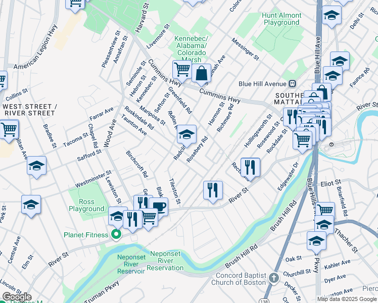 map of restaurants, bars, coffee shops, grocery stores, and more near 154 Ruskindale Road in Boston